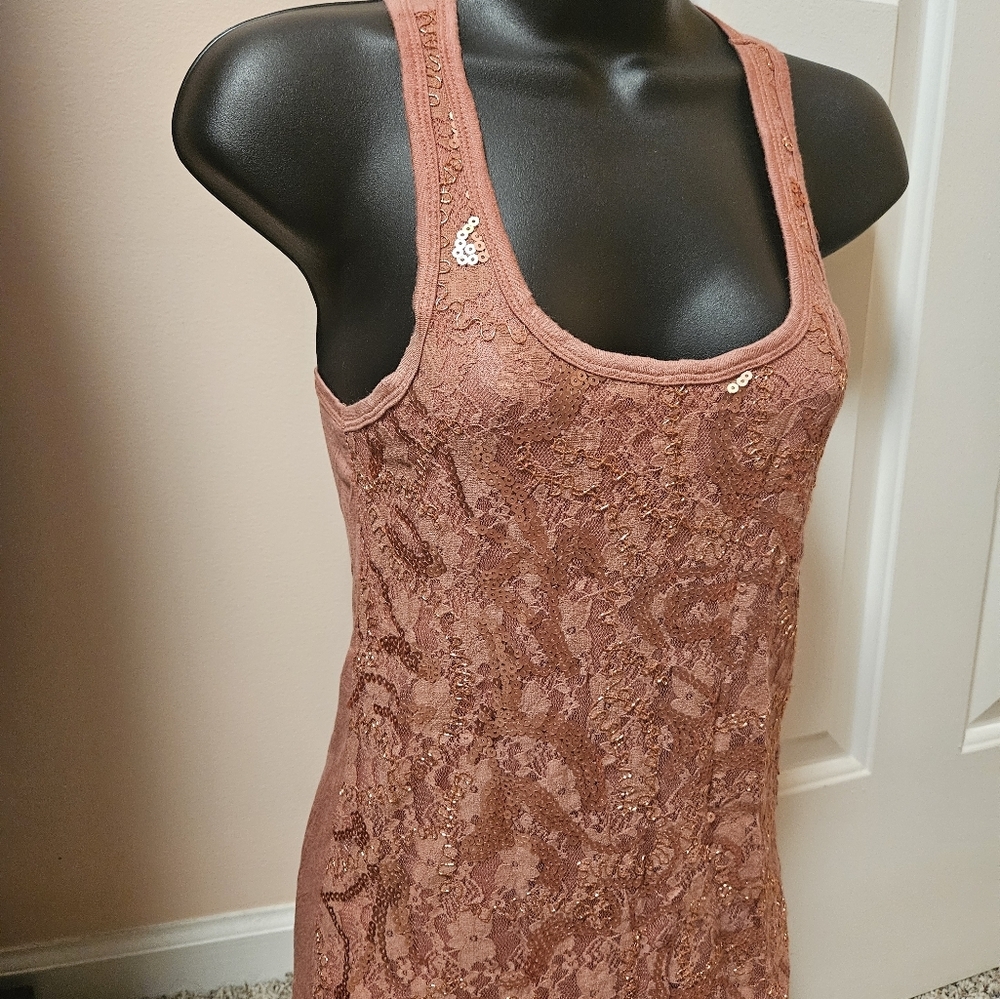 BKE Lace Tank Top in Rust Orange With Sequins Detail - Picture 4 of 10